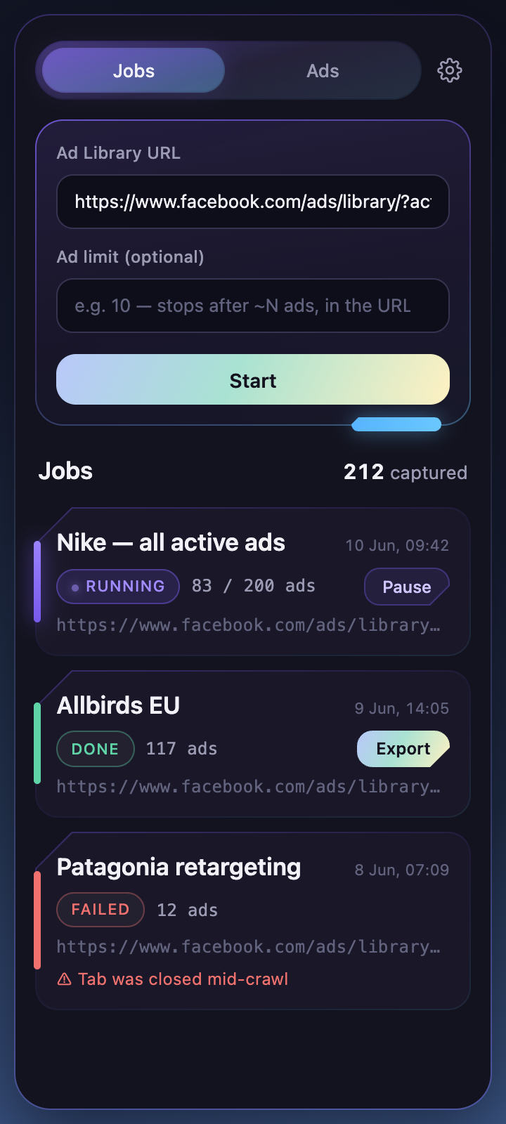 The adracle side panel: a capture form and a list of crawl jobs in the dark Chamfer Glass theme